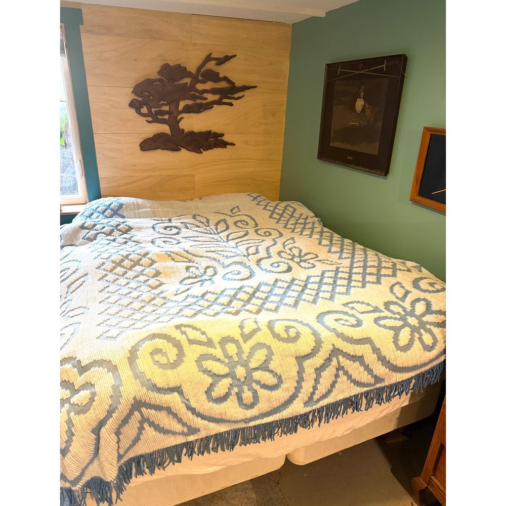 Vintage Blue & White Chenille Blanket, Botanical Pattern, Fringe, Queen